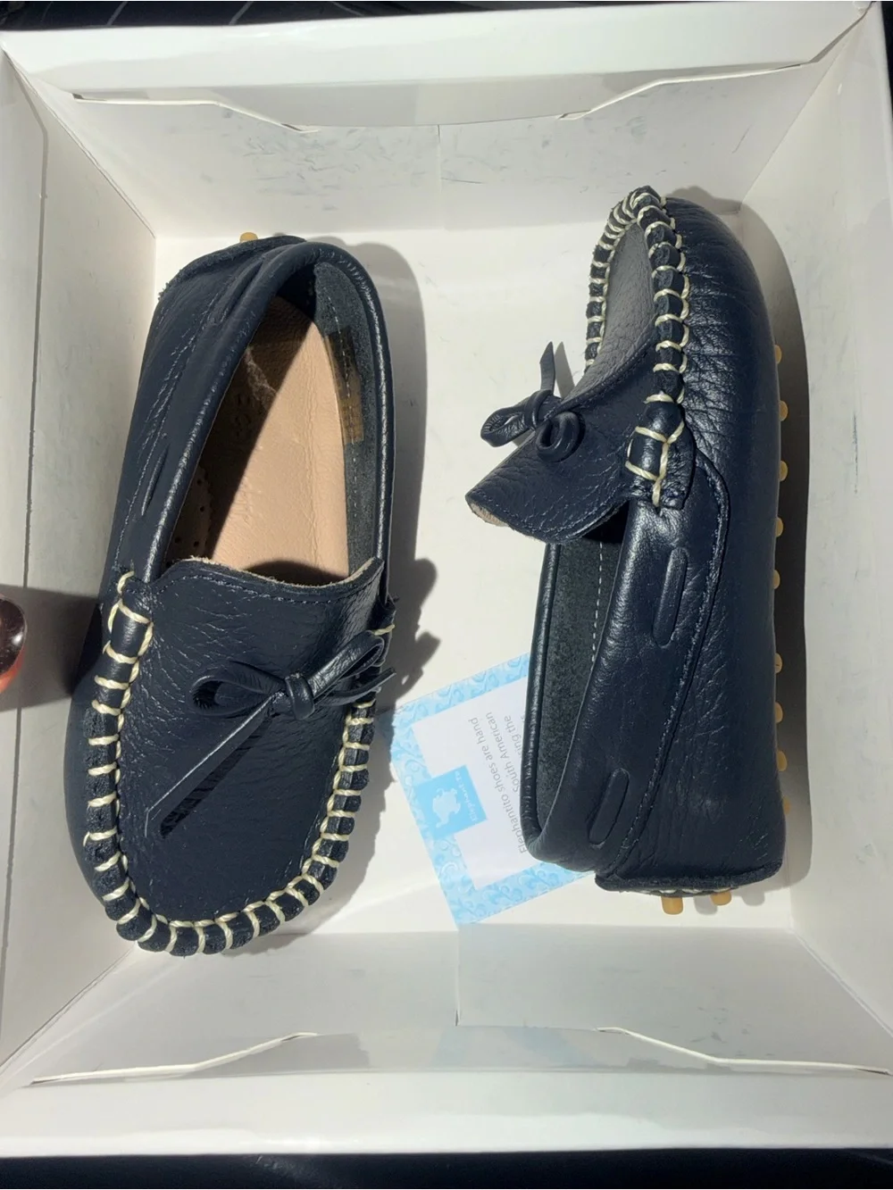 Elephantito Navy Leather Baby Moccasins with Contrast Stitch